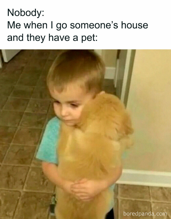 Child hugging a golden retriever puppy, relatable meme showing love for pets to take mind off work stress.