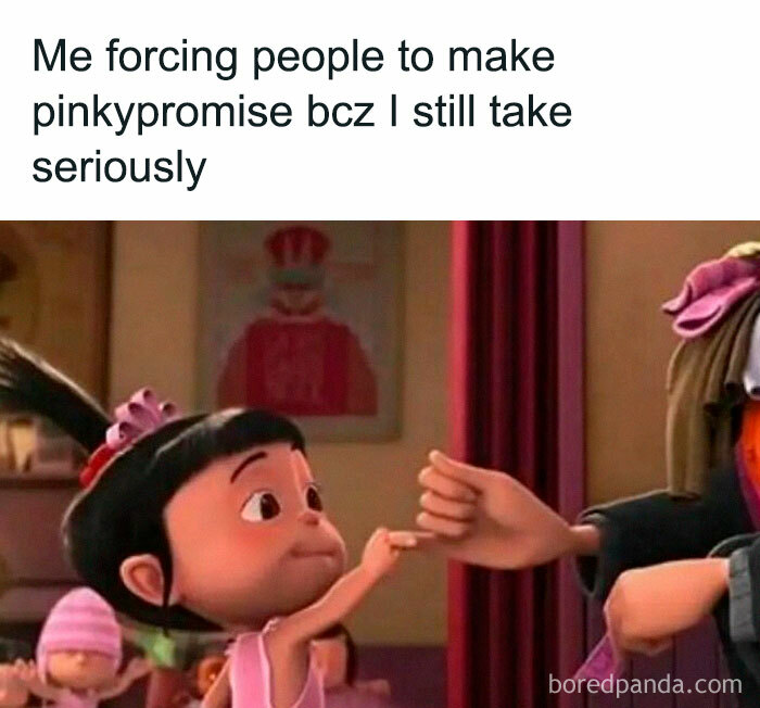 Animated girl making a pinky promise in a relatable meme from 64 hilarious and relatable memes about work stress.