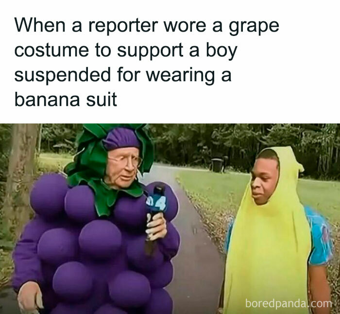 Reporter dressed in a grape costume interviewing a boy in a banana suit in a humorous and relatable meme.