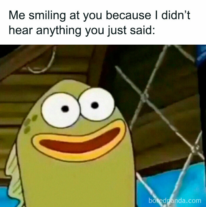 Cartoon fish smiling humorously, illustrating relatable memes to take your mind off how much work you have to do.