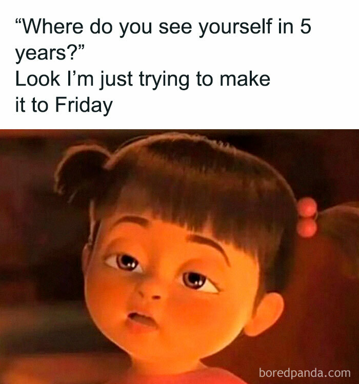 Relatable work meme showing a tired animated girl saying she’s just trying to make it to Friday to take mind off work.