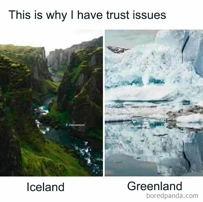 Meme showing Iceland’s green landscape vs Greenland’s icy terrain, highlighting relatable and hilarious work distractions.