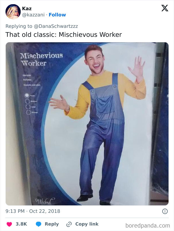 Man in off-brand Halloween costume labeled Mischievous Worker wearing yellow shirt and blue overalls smiling.