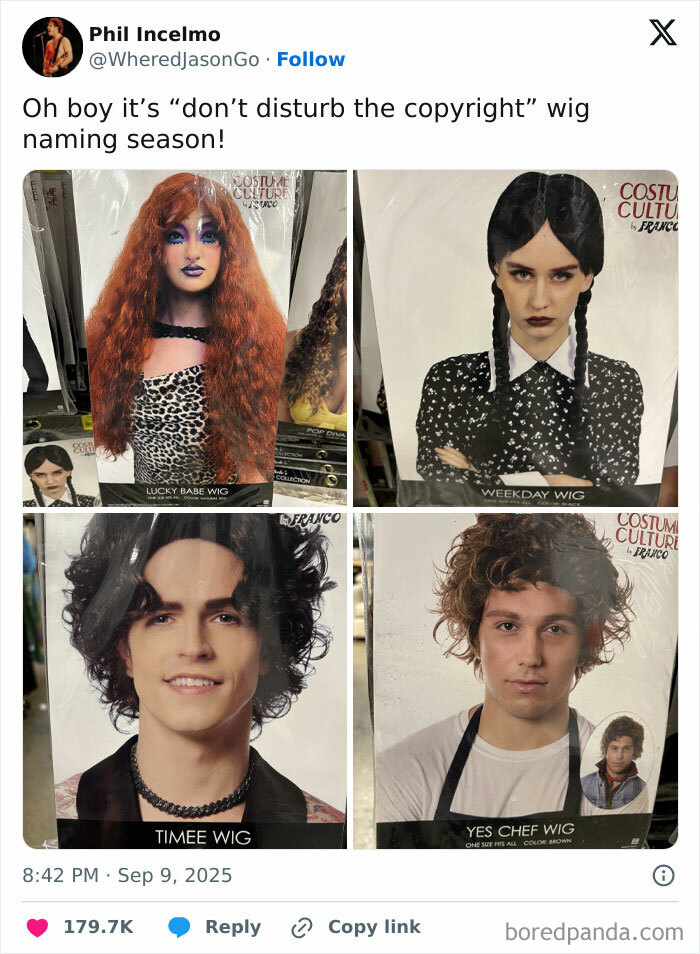 Four off-brand Halloween costume wigs displayed on packaging, showcasing funny and unique styles for people.