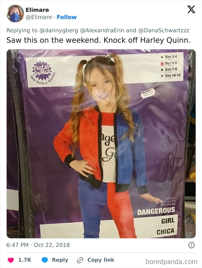 Kid's off-brand Halloween costume inspired by Harley Quinn with red and blue jacket and pants, shared for funniest off-brand Halloween costumes.