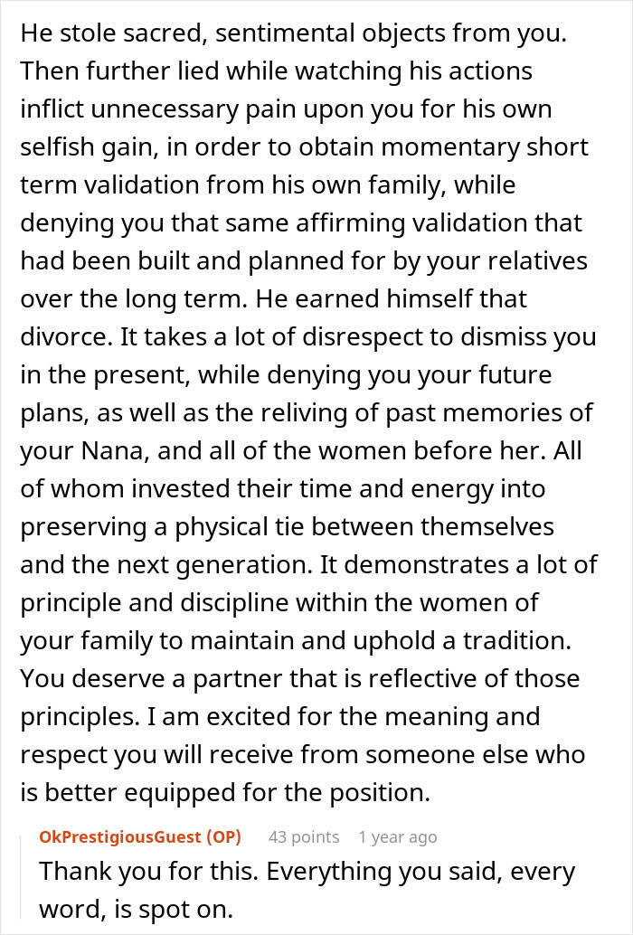 Comment explaining how man ruins marriage by stealing sentimental tea set and betraying trust, causing divorce and pain.