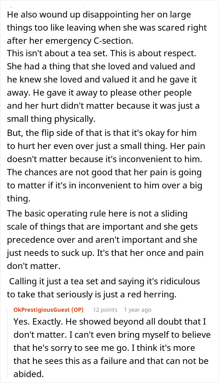 Comment discussing how a man ruined his marriage by stealing his wife&rsquo;s tea set, causing deep emotional pain.