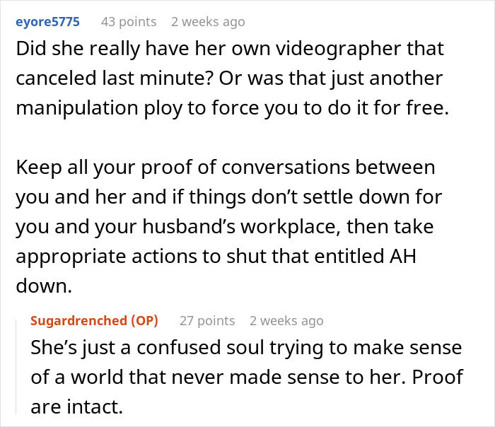 Comments discussing a woman refusing to film her husband&rsquo;s coworker&rsquo;s wedding for free and the resulting conflict.