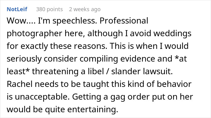 Screenshot of a Reddit comment from a professional photographer discussing refusal to film weddings for free.