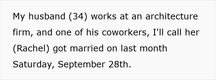Text excerpt describing a husband&rsquo;s coworker named Rachel who got married on September 28th.
