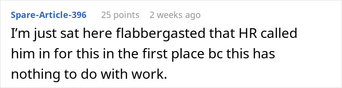 Text comment on a forum expressing surprise about HR involvement unrelated to work, linked to woman refusing to film coworker&rsquo;s wedding for free.