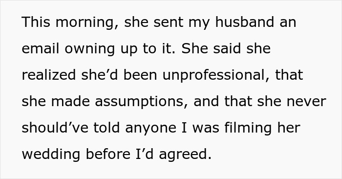 Email text discussing a woman refusing to film coworker&rsquo;s wedding for free and addressing unprofessional assumptions.