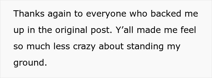 Text post thanking supporters for backing a woman who refuses to film coworker&rsquo;s wedding for free.