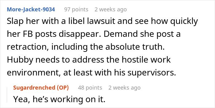 Comments discussing woman refusing to film husband's coworker wedding for free amid work conflict and online backlash.