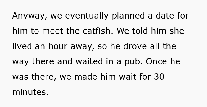 Text excerpt showing a woman&rsquo;s pro revenge on cheating boyfriend involving a fake catfish meet-up at a pub.