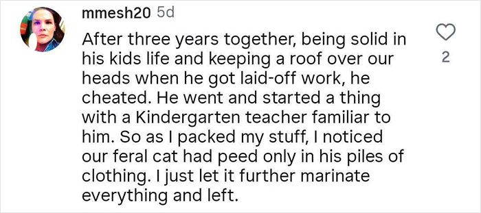 Screenshot of a social media comment describing a woman&rsquo;s clever revenge on her cheating boyfriend involving her cat.
