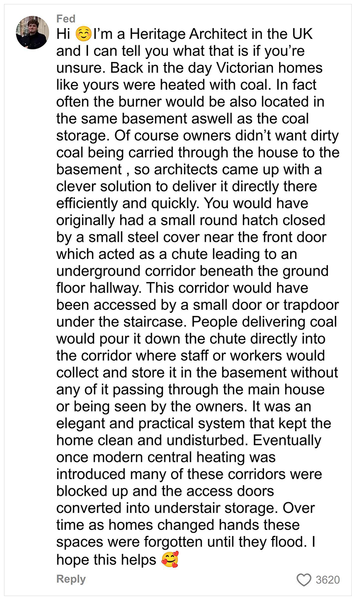 Comment explaining the secret feature hidden under a floor in an old home, related to historical coal heating systems.