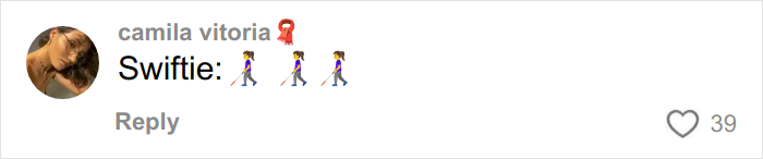 Comment by camila vitoria with Swiftie text and walking emojis, related to Taylor Swift lesbian relationship rumors.