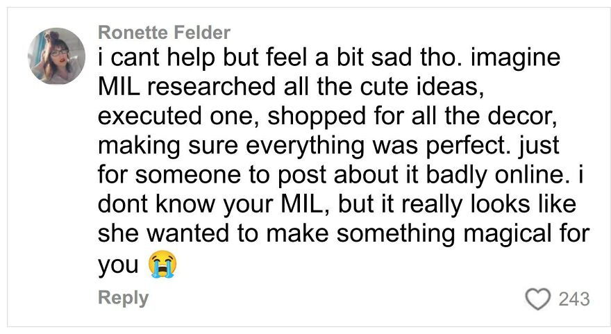 Comment from Ronette Felder expressing sadness over ex-mother-in-law ruining a gender reveal with bad online post.