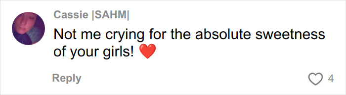 Social media comment expressing emotional reaction to heartmelting hospital gesture for two little sisters needing surgery.