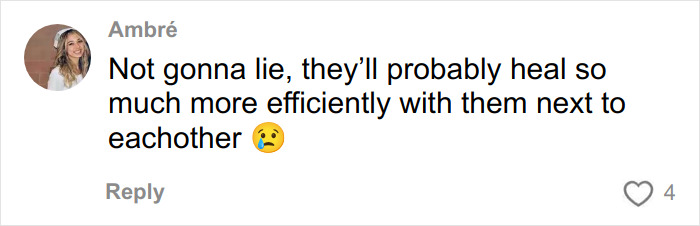 Comment by Ambr&eacute; expressing hope that the two little sisters will heal better staying close during surgery, with a crying emoji.