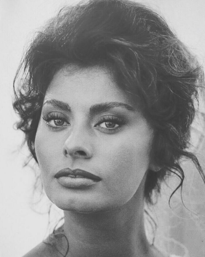 Sophia Loren close-up portrait, showcasing Italian beauty and timeless Hollywood legend elegance in black and white.