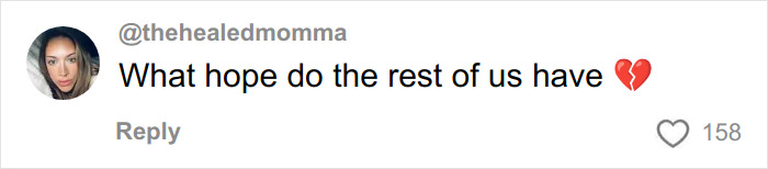 Instagram comment by user @thehealedmomma asking about hope, featuring a broken heart emoji and 158 likes, related to Victoria&rsquo;s Secret models.