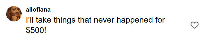 Comment on social media by user alloflana saying "I&rsquo;ll take things that never happened for $500" with a heart icon, related to plus-size model fat-shaming debate.