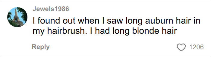 Comment from Jewels1986 describing finding out boyfriend was cheating after seeing long auburn hair in her hairbrush.