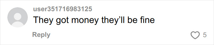 Comment saying they got money they'll be fine, displayed on a white background in a social media reply.