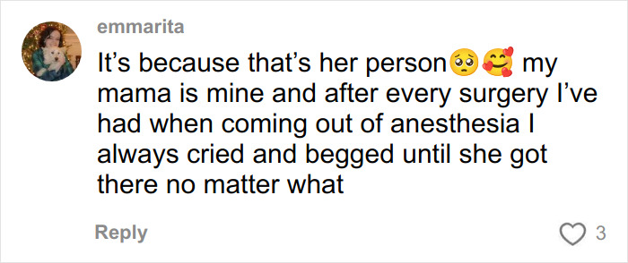 Comment expressing emotional connection and gratitude related to surgery and anesthesia recovery experience.