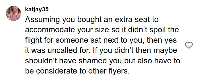 Comment discussing fat-shaming by a flight attendant toward a plus-size model during a flight.
