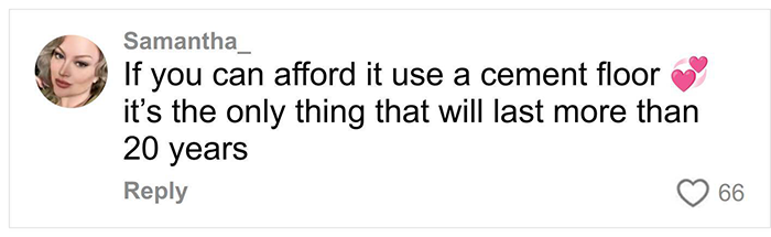 Comment from Samantha suggesting using a cement floor for durability, related to secret feature under floor discovery.