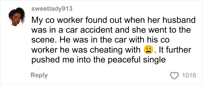 Screenshot of social media comment about a woman finding out her husband was cheating in a strange situation.