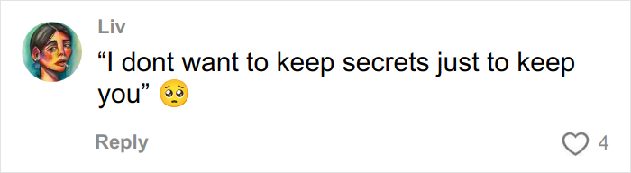 Comment saying not wanting to keep secrets, including a pleading face emoji, linked to Taylor Swift lesbian relationship rumors.