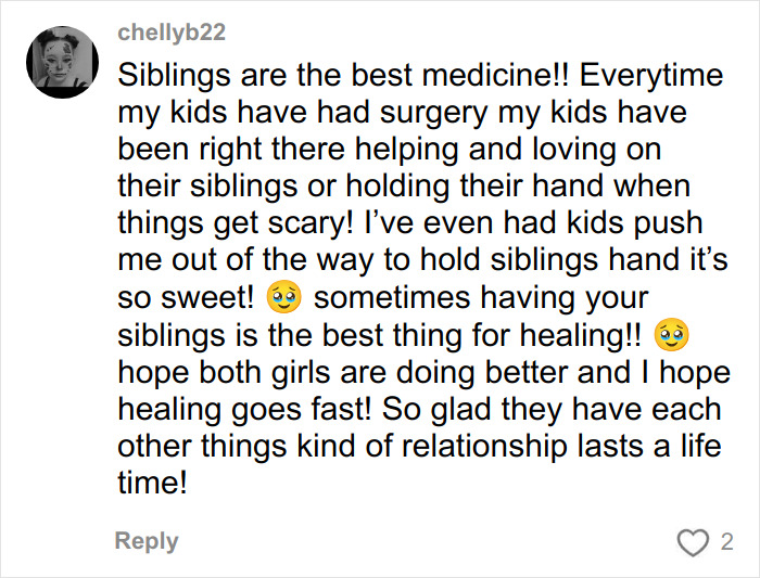 Comment highlighting the heartmelting gesture by hospital and the emotional support between two little sisters needing surgery.
