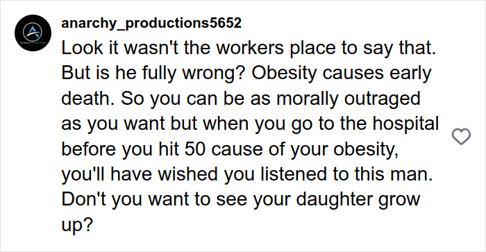 Comment discussing obesity and morality in response to plus-size model exposing flight attendant fat-shaming mid-flight.