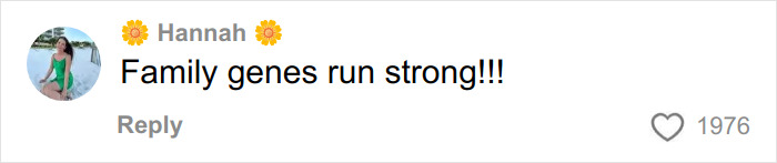 Comment by Hannah stating Family genes run strong with 1976 likes on a social media post about a pregnant woman's sonogram image.