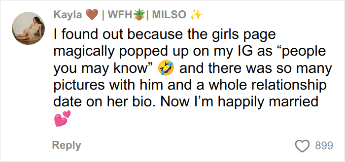 Screenshot of a social media comment where a woman shares how she discovered her boyfriend cheating through Instagram suggestions.