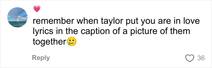 Social media comment referencing Taylor Swift lesbian relationship rumors with Karlie Kloss involving song lyrics.