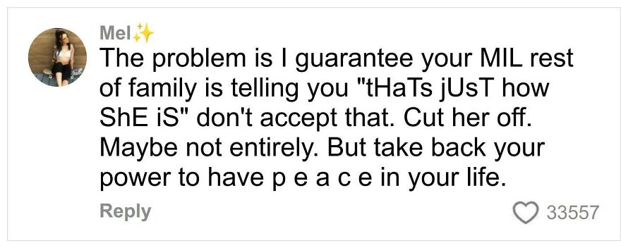 Comment from woman slamming her ex-mother-in-law publicly after years of conflict involving a gender reveal.