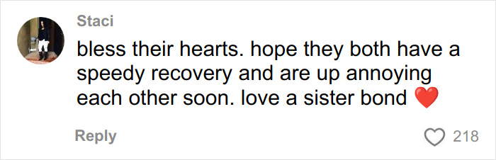 Comment expressing hope for speedy recovery and celebrating sister bond after hospital's heartmelting gesture for surgery.