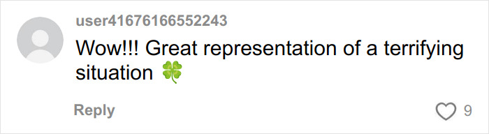 Comment on social media expressing amazement at a terrifying situation with a four-leaf clover emoji and multiple exclamation marks.