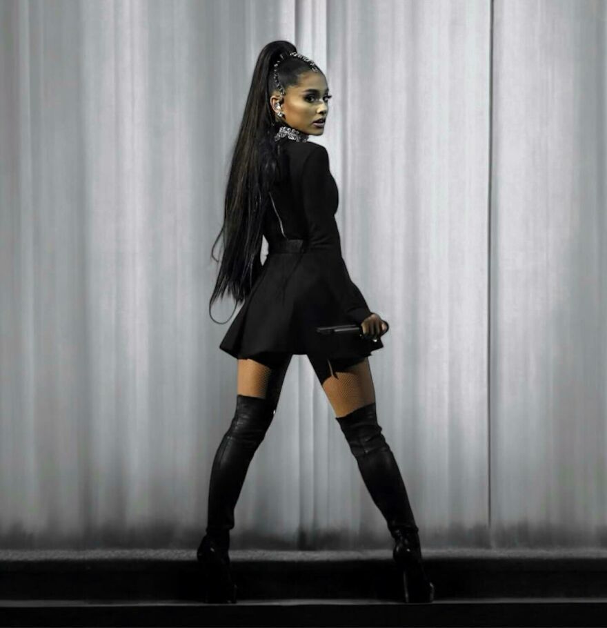 Ariana Grande performing on stage in a black outfit and thigh-high boots, showing her iconic before and after style phases.