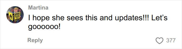 Comment by Martina expressing hope that she sees the message and updates soon, with 377 likes.