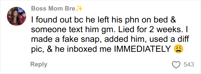 Screenshot of a social media comment describing how a woman found out her boyfriend was cheating using his phone.