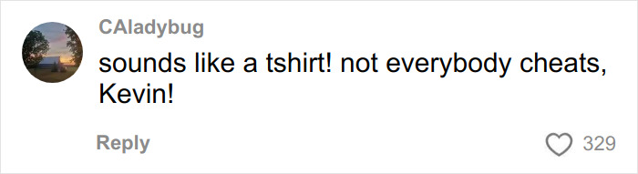 Screenshot of a social media comment reading not everybody cheats Kevin, referring to a furious wife confronting husband mid-flight.