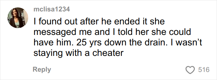 Comment from mclisa1234 sharing how she found out about boyfriend cheating and refusing to stay with a cheater.