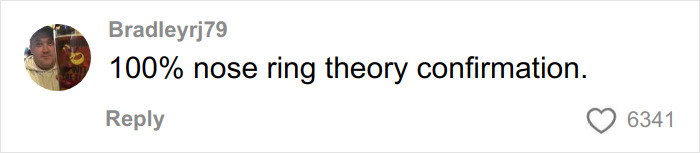 Screenshot of a social media comment stating 100% nose ring theory confirmation with over 6300 likes.