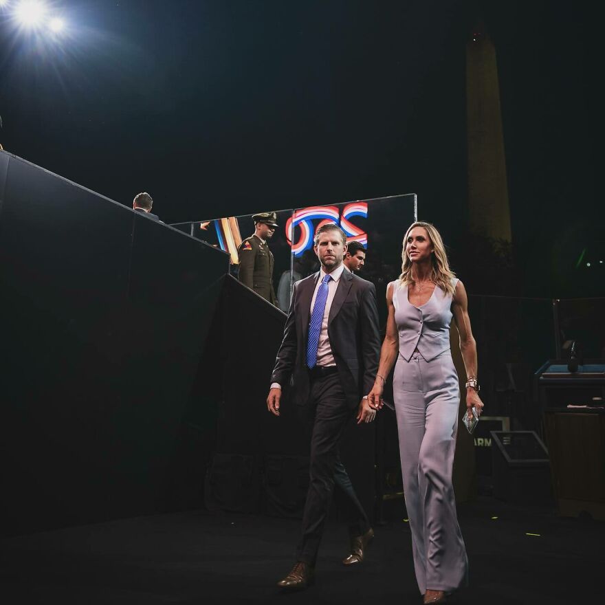 Lara Trump and a man walking on stage at night, with Washington Monument visible, early years to MAGA star context.
